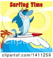 Poster, Art Print Of Cartoon Happy Shark Mascot Character Waving Wearing Sunglasses And Surfing With Text Over A Sunset Sky