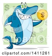 Poster, Art Print Of Cartoon Happy Shark Mascot Character Holding A Dollar Coin Over A Green Pattern