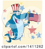 Clipart Of A Cartoon Happy Shark Mascot Character Wearing A Top Hat And Waving An American Flag Over Stars Royalty Free Vector Illustration