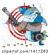 Poster, Art Print Of Cartoon Happy Shark Mascot Character Gangster Businessman Smoking A Cigar Holding A Briefcase Full Of Money And A Gun Over A Target