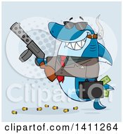 Poster, Art Print Of Cartoon Happy Shark Mascot Character Gangster Businessman Smoking A Cigar Holding A Briefcase Full Of Money And A Gun Over Blue