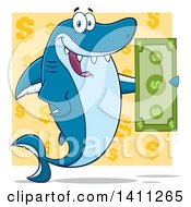 Poster, Art Print Of Cartoon Happy Shark Mascot Character Holding A Banknote Over A Yellow Dollar Pattern