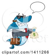 Cartoon Business Shark Mascot Character Talking Wearing Sunglasses Smoking A Cigar And Holding A Money Bag