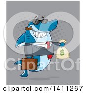 Cartoon Business Shark Mascot Character Wearing Sunglasses Smoking A Cigar And Holding A Money Bag Over Gray
