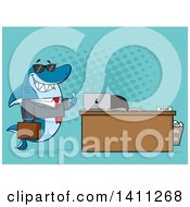 Cartoon Business Shark Mascot Character Wearing Sunglasses And Giving A Thumb Up By An Office Desk Over Blue