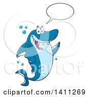 Poster, Art Print Of Cartoon Happy Shark Mascot Character Talking Waving Or Presenting