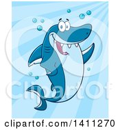 Poster, Art Print Of Cartoon Happy Shark Mascot Character Waving Or Presenting Over Blue