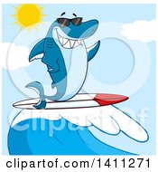 Poster, Art Print Of Cartoon Happy Shark Mascot Character Waving Wearing Sunglasses And Surfing Over A Blue Sky