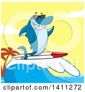 Poster, Art Print Of Cartoon Happy Shark Mascot Character Waving Wearing Sunglasses And Surfing Over A Sunset Sky