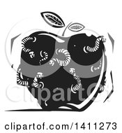 Poster, Art Print Of Black And White Woodcut Apple With With Man Faced Worms