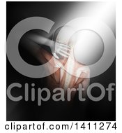 Clipart Of A Light Shining On A 3d Anatomical Woman With Neck Pain And Visible Muscles Royalty Free Illustration by KJ Pargeter