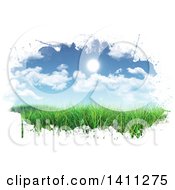 Clipart Of A Scene Of A Sunny Blue Sky With Clouds Over Grass With White Grunge Edges Royalty Free Illustration