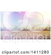 Poster, Art Print Of 3d Wood Table Or Deck Against Daisies And A Sunny Valley With Dramatic Sunset Lighting
