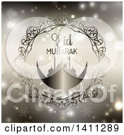 Clipart Of A Eid Mubarak Background With A Silhouetted Mosque And Text Royalty Free Vector Illustration