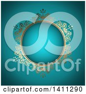 Clipart Of A Beautiful Round Golden Floral Frame Over Blue Royalty Free Vector Illustration