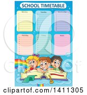 Clipart Of School Children On A Book Under A Timetable Royalty Free Vector Illustration