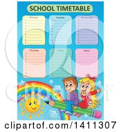 Clipart Of A School Timetable With Children Flying On A Pencil Royalty Free Vector Illustration