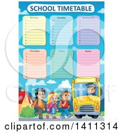 School Children Boarding A Bus Under A Timetable