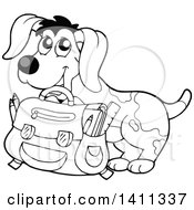 Clipart Of A Black And White Dog With A Backpack Royalty Free Vector Illustration