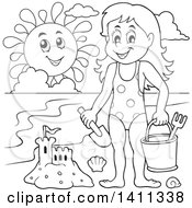 Poster, Art Print Of Black And White Lineart Happy Girl With A Sand Castle And Happy Sun On A Beach