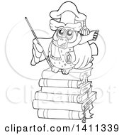 Clipart Of A Black And White Lineart Professor Owl On Books Royalty Free Vector Illustration