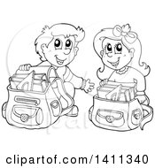 Clipart Of A Black And White Lineart School Boy And Girl Going Through Their Backpacks Royalty Free Vector Illustration