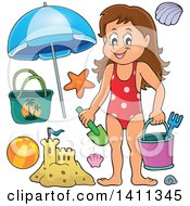 Poster, Art Print Of Happy Caucasian Girl Carrying A Beach Bucket And Shovel With Other Items