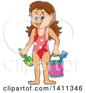 Happy Caucasian Girl Carrying A Beach Bucket And Shovel
