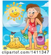 Poster, Art Print Of Happy Caucasian Girl By A Sand Castle And A Happy Sun