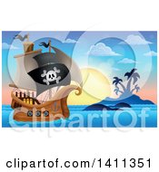 Poster, Art Print Of Pirate Ship By An Island At Sunset
