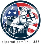 Retro Welder Man Looking Over His Shoulder In An American Flag Circle