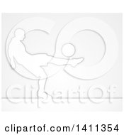 Clipart Of A Silhouetted Male Soccer Football Player In Action Over Gray Royalty Free Vector Illustration