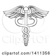 Poster, Art Print Of Black And White Lineart Medical Caduceus With Snakes On A Winged Rod