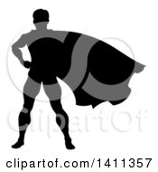 Poster, Art Print Of Black Silhouetted Male Super Hero With His Cape Flying