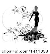 Clipart Of A Silhouetted Black And White Bride In Her Dress With Floral Swirls Royalty Free Vector Illustration