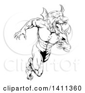 Poster, Art Print Of Black And White Muscular Aggressive Welsh Dragon Man Mascot Sprinting Upright
