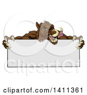 Clipart Of A Cartoon Muscular Brown Razorback Boar Mascot Holding A Blank Sign Royalty Free Vector Illustration