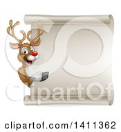 Poster, Art Print Of Happy Rudolph Red Nosed Reindeer Pointing Around A Scroll Sign