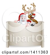 Poster, Art Print Of Christmas Red Nosed Reindeer And Santa Pointing Down Over A Scroll Sign