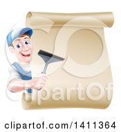 Happy Middle Aged Brunette Caucasian Window Cleaner Man In Blue Holding A Squeegee Around A Scroll Sign