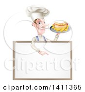 Poster, Art Print Of White Male Chef With A Curling Mustache Holding A Hot Dog And Fries On A Platter And Pointing Down Over A White Menu Board Sign