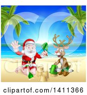 Poster, Art Print Of Rudolph Red Nosed Reindeer And Santa Claus Making A Sand Castle On A Tropical Beach