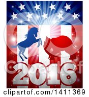 Poster, Art Print Of Silhouetted Political Democratic Donkey Or Horse And Republican Elephant Fighting Over An American 2016 Design And Burst