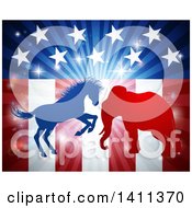 Silhouetted Political Democratic Donkey Or Horse And Republican Elephant Fighting Over An American Design And Burst