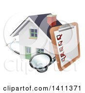 Survey Or Check List On A Clip Board And Stethoscope Against A 3d White Home