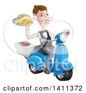 White Male Waiter With A Curling Mustache Holding A Souvlaki Kebab Sandwich And Fries On A Scooter