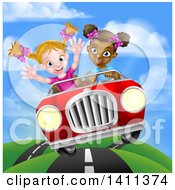 Clipart Of A Happy Black Girl Driving A Red Convertible Car With A White Girl In The Passenger Seat Royalty Free Vector Illustration