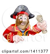 Happy Male Pirate Captain Holding A Treasure Map And Pointing Down Over A Sign