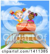 Happy White And Black Girls At The Top Of A Roller Coaster Ride Against A Blue Sky With Clouds