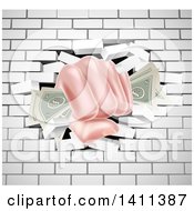 Clipart Of A Caucasian Hand Fisted And Holding Cash Money Breaking Through A White Brick Wall Royalty Free Vector Illustration